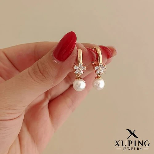 گوشواره زنانه حلقه ای مروارید آویز نگین دار برند ژوپینگ