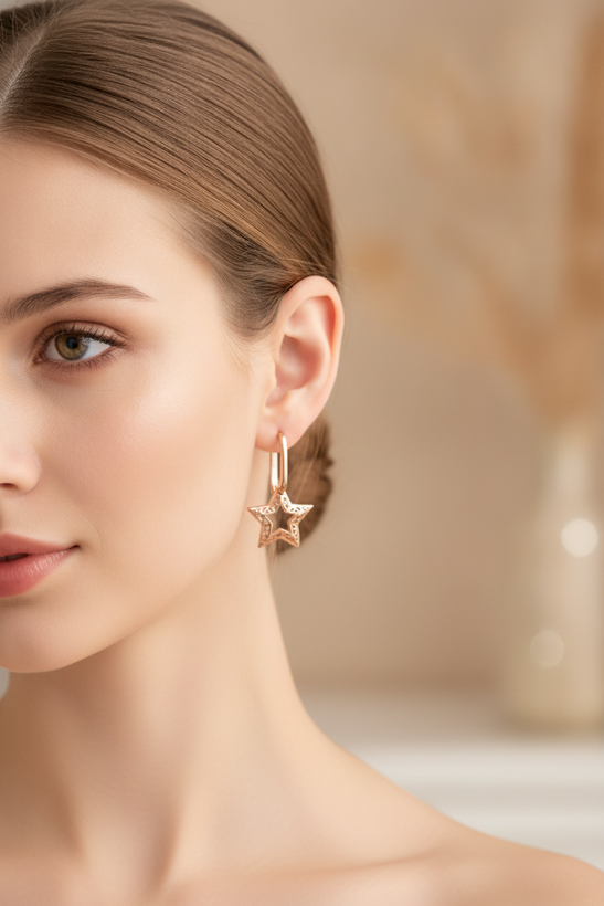 گوشواره زنانه مینیمال دو حالته حلقه ای آویز ستاره برند ژوپینگ
